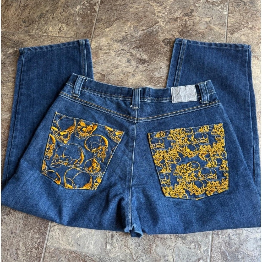 Y2K RARE Skulls EXA Unlimited Denim Jeans Men's 34x32 Graphic Back Pockets Blue‎